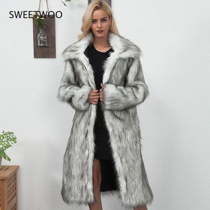 Winter Womens  Faux Fur Coat Long Slim Thicken Warm Hairy Jacket Trendy Warm Outerwear Fur Coat Trenchcoat Contracted