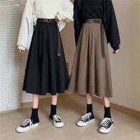 houzhou vintage belt black midi skirt women autumn 2021 high waisted korean style elegant a line long skirts for girls all match