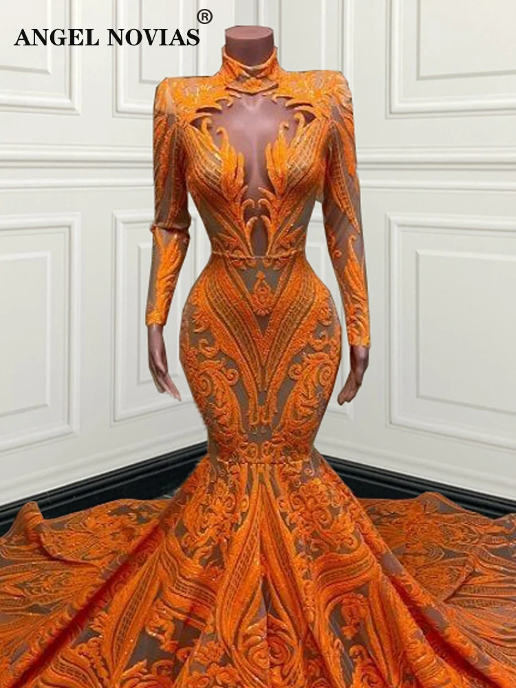 

ANGEL NOVIAS Long Sleeves High Neck Orange Mermaid Lace Evening Dresses 2022 Women Formal Prom Gowns Vestidos De Fiesta