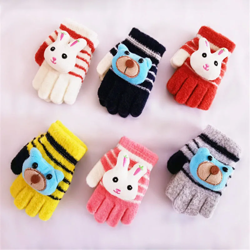 Winter Gloves Kids Warm Cartoon Bear Rabbit Thick Knitted Gloves Half Full Finger Toddler Infant Girl Boy Child Glove 2-8Y 유아장갑