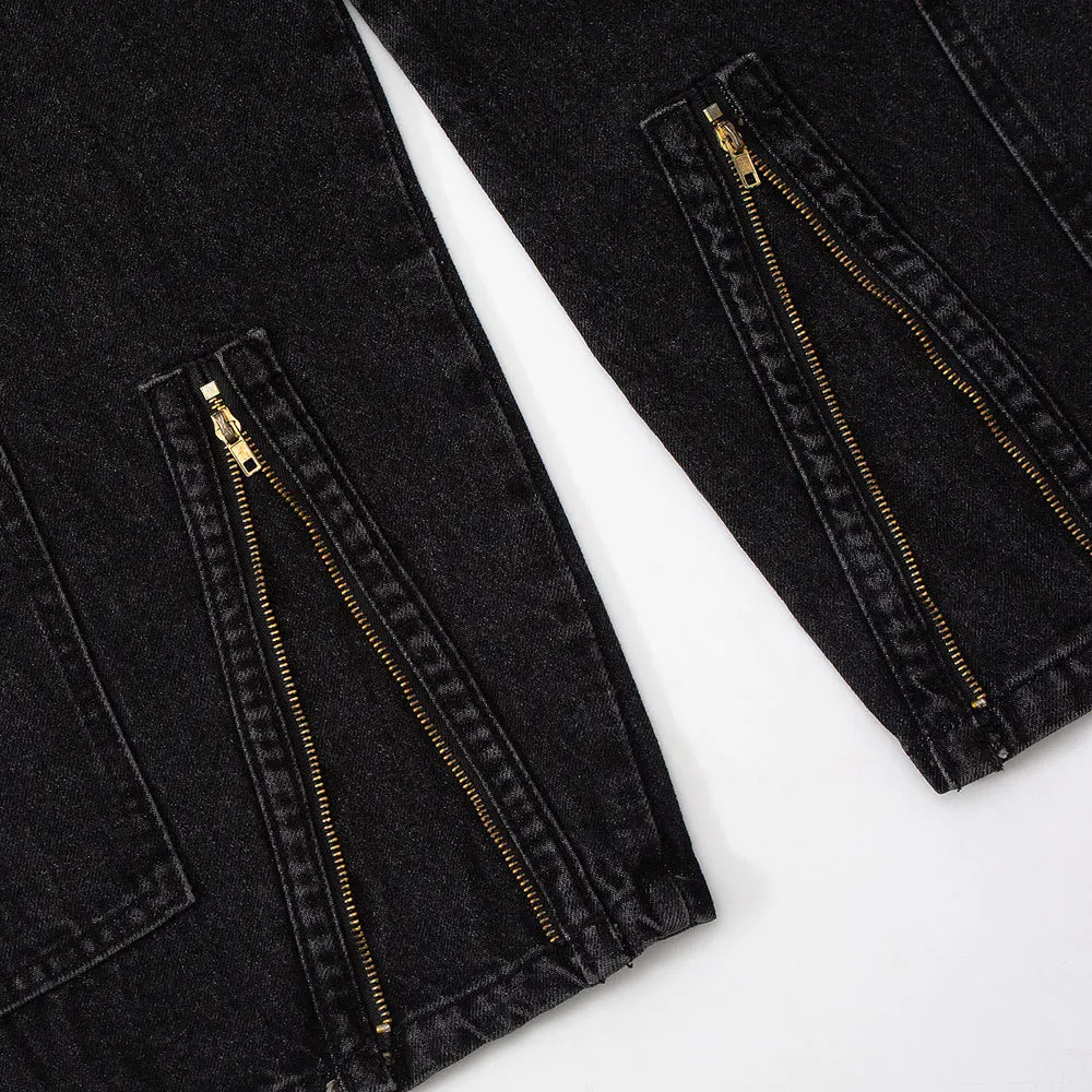 Zipper Multi-pocket Jeans Men's Ins Street Loose Straight Trousers Fashion Casual Wide-leg Denim Pants Oversized Retro Black
