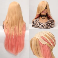 34 pop syntehtic blended color long wig women blonde with pink out look summer bangs cosplay wigs