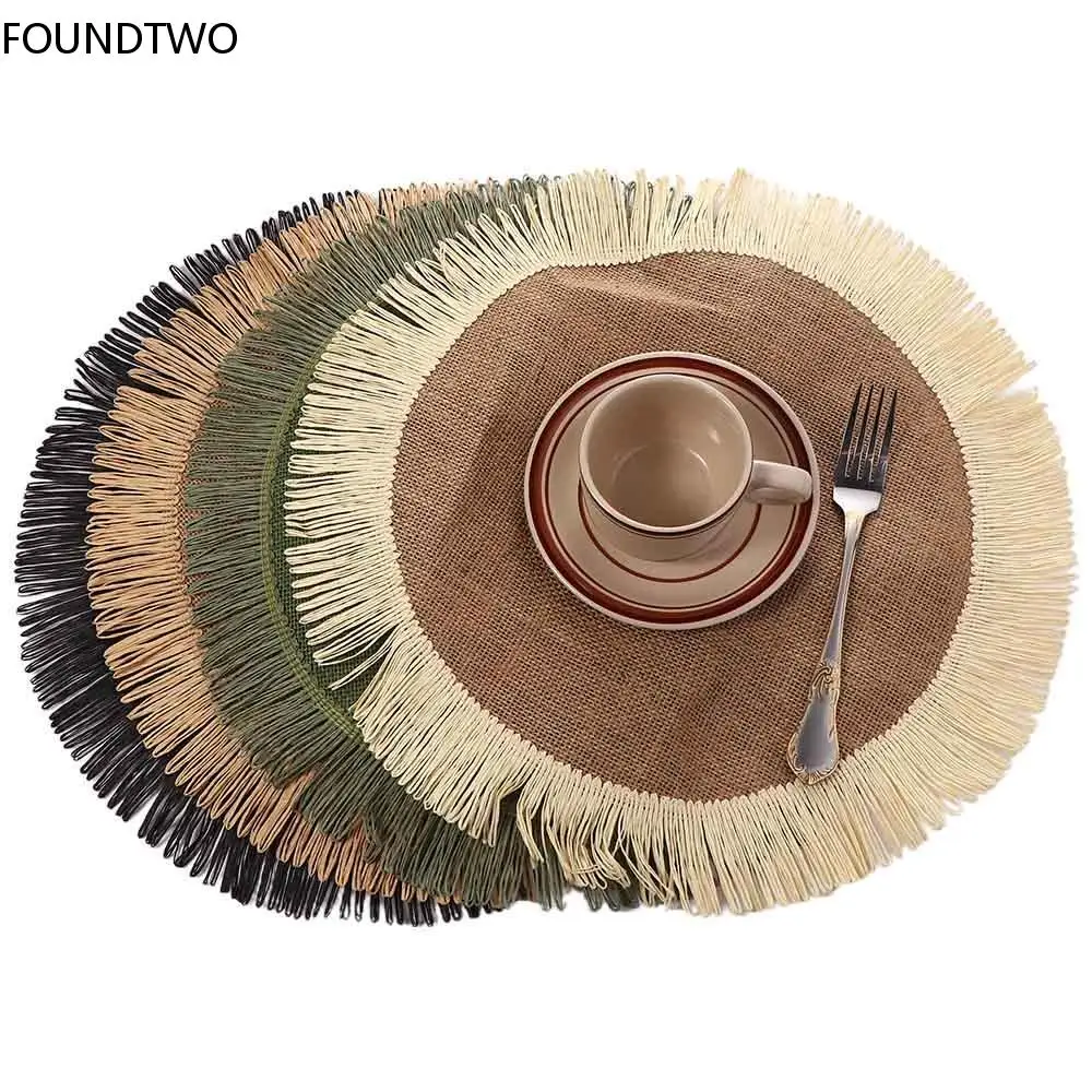 

Vintage Jute Placemat Linen Simple Fringe Round Table Mat Coffee Tea Pad Environmental Protection Heat Insulation Mat Home Decor
