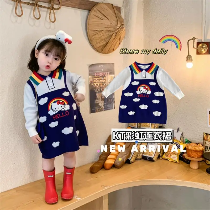 

Kawaii Sanrioed аниме Kt Cat Girl трикотажное платье осень 2022 Новинка милое стильное платье принцессы с длинным рукавом поло отложным воротником подар...