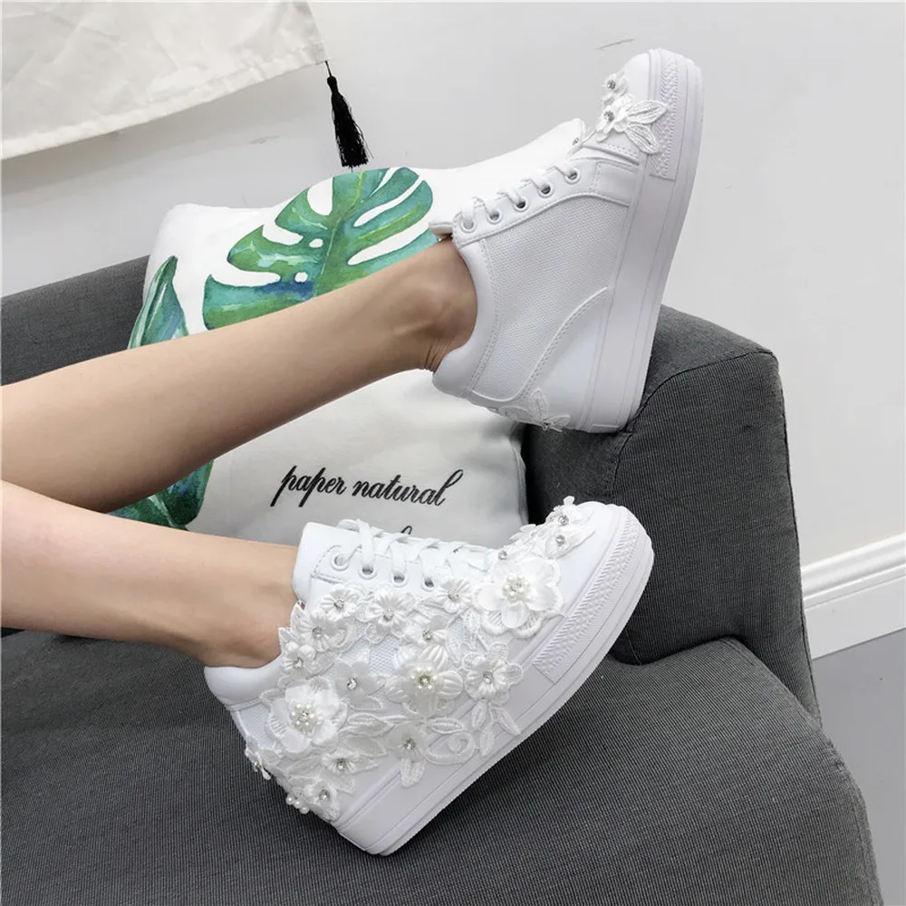 

OEING Womens PU Leather Rhinestones Lace Flowers Wedge Hidden High Heel Sneakers Shoes Lace Up Black White New Girls 2022