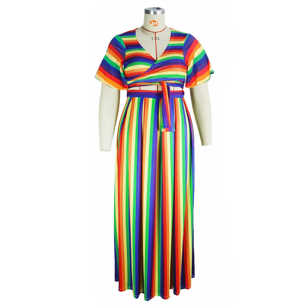 Plus Size Women Sets Striped Print Shirts and Dresses 2022 Summer Fashion Two Piece Set Sexy Female Casual Bandage Outfits