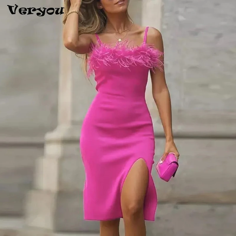 

High Quality Women's 2022 Rose Pink Feather Sexy Spaghetti Strap Mini Bodycon Bandage Dress Elegant Evening Club Party Dress