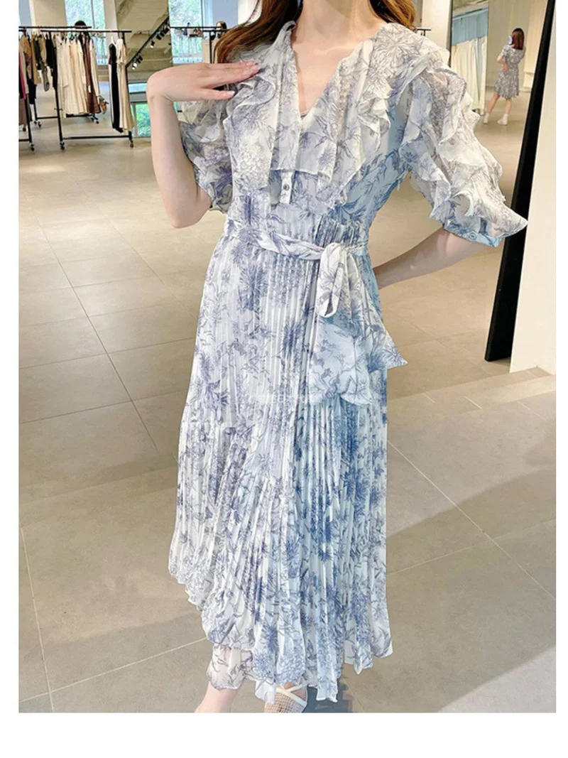 

F GIRLS Fairy Sweet Pleated Vestido Heavy Industry Ruffle V Neck Sashes Slim Waist Print Dress Japanese Summer New Femme Robe