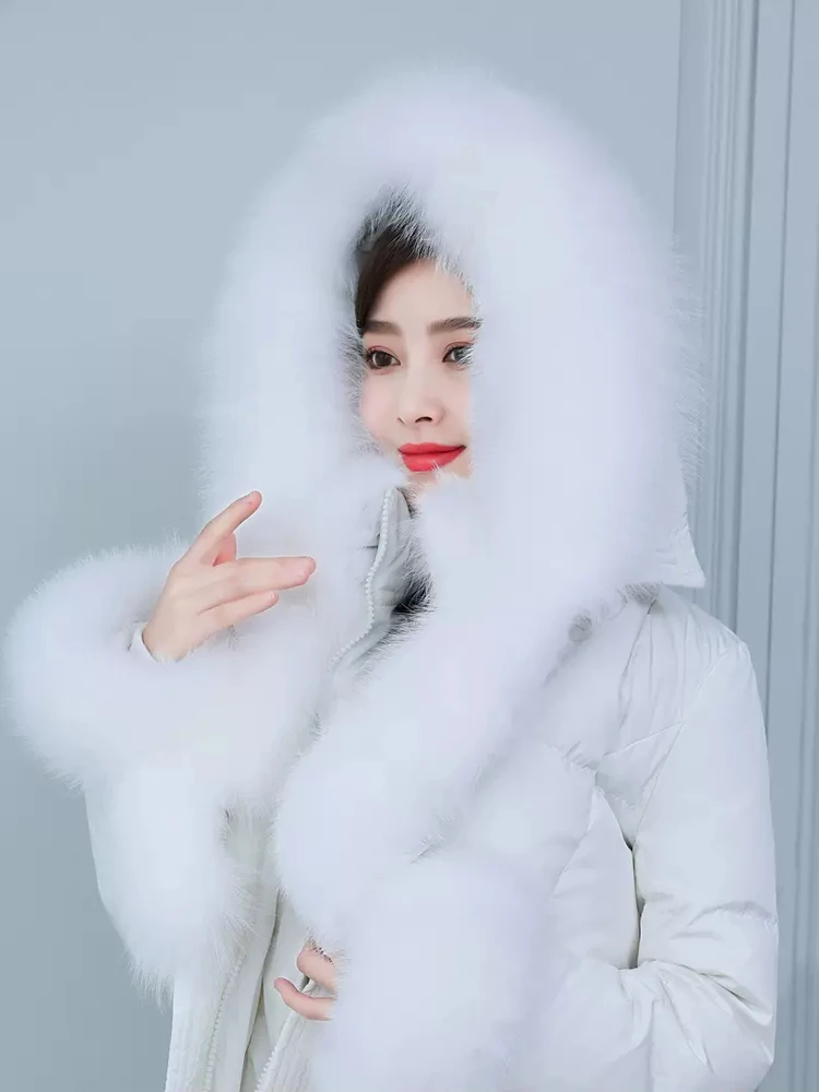 New Women Lengthened Fur Down Coat Winter Fashion Double Real Fox Fur Collar Hooded Belt Slim Thicken Warm Long Down Jacket