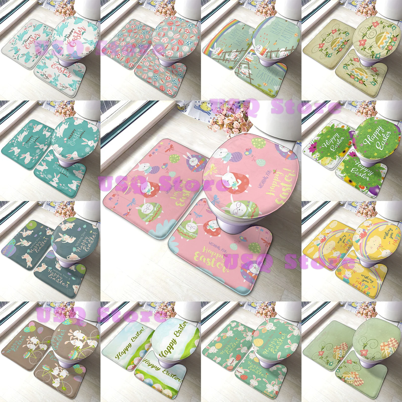 

Пасхальные коврики для ванной из 3 предметов в комплекте, милая фотография зайчика для пасхальных весенних украшений, чехол, Ретро нескольз...