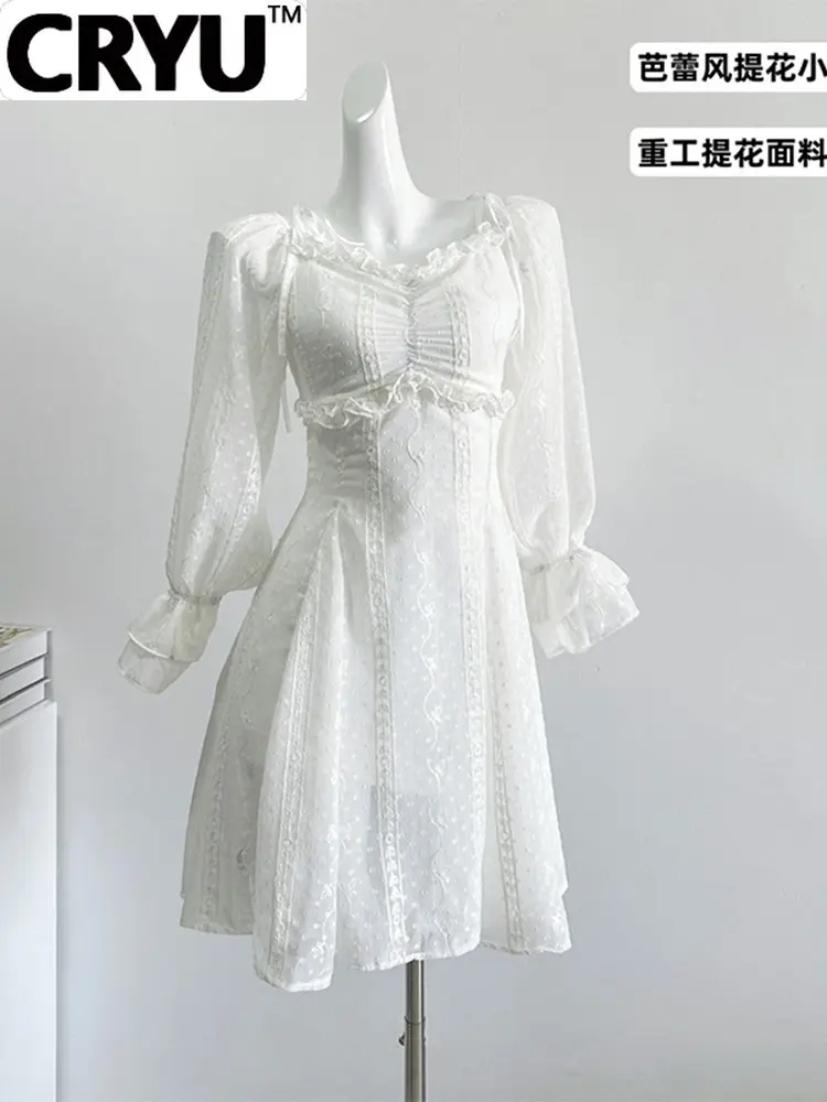 

Женское Плиссированное мини-платье, элегантное белое жаккардовое платье во французском ретро-стиле с квадратным вырезом, пышными рукавами и оборками на завязках