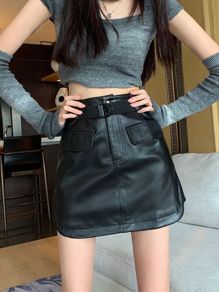 

Autumn Winter Mini Skirt Temperament Hot Small Leather Skirt Women's High-waisted PU Leather A-line Hip Short Skirt Black Skirt