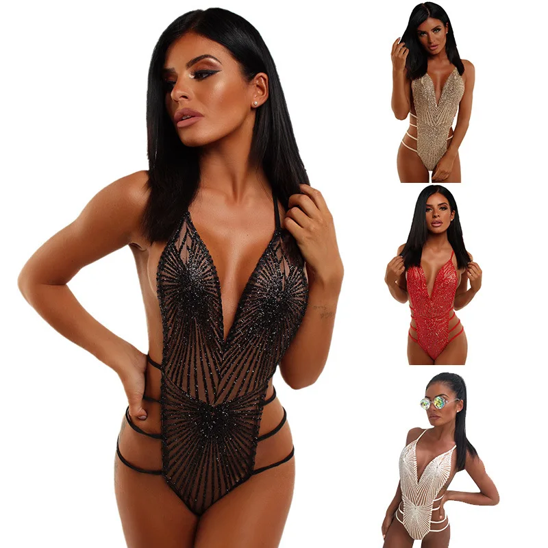 

summer Sexy Deep V Neck Bodysuit Women Strap Criss Cross Bandage Hollow Out Shiny Sequined Jumpsuit Chic Clubwear Playsuits 2022