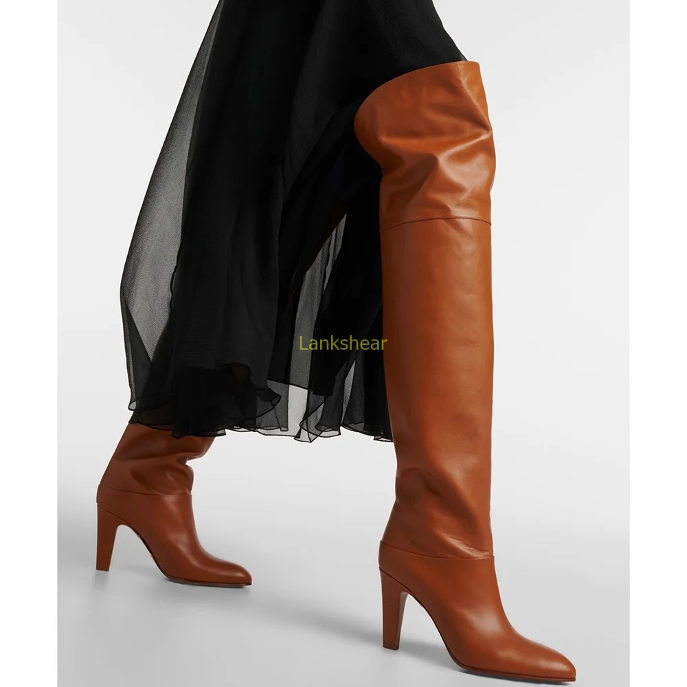Матовые кожаные плиссированные сапоги выше колена сексуальные однотонные