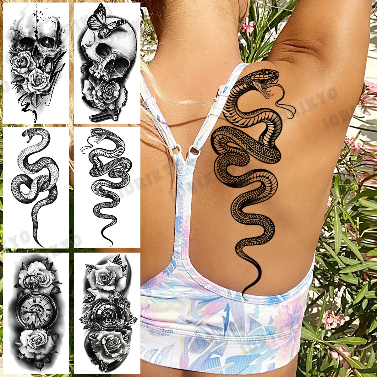 

Realistic Snake Back Temporary Tattoos For Women Adult Rose Compass Skull Butterfly Fake Tattoo Body Art Painting Tatoos Paper