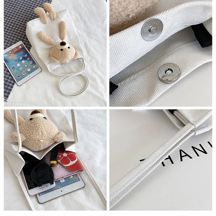 Personalised Tote Bag for Women, Girl Student Custom Your Name Canvas Shoulder Bag, Cute Bear Crossbody Hand Bags, Casual Tote