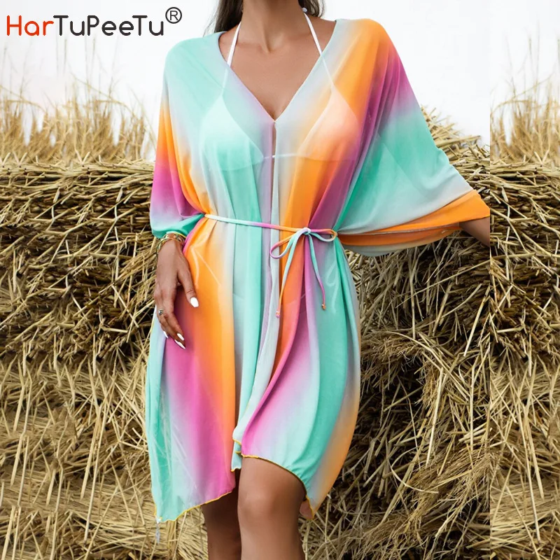 Kimono Beach Dress Women Holiday Boho Cover Ups 2023 Summer Colourful Print Sashes V Neck Batwing Sleeve Pullover Short Robe