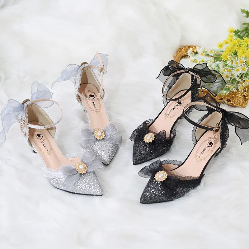 

Rhinestone Lace Bowknot Stilettos Elegant Pointed Toe Lolita Heels Banquet Party Pumps Bridal Wedding Shoes Summer Women Sandals