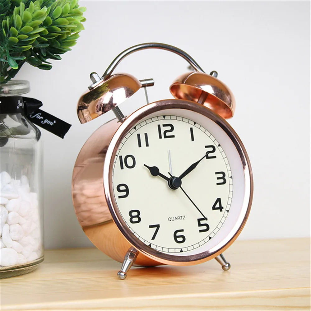 Nordic Metal Shell Mute Needle Table Clock Home Bedside Night Light Bell Student Get Up Timepiece