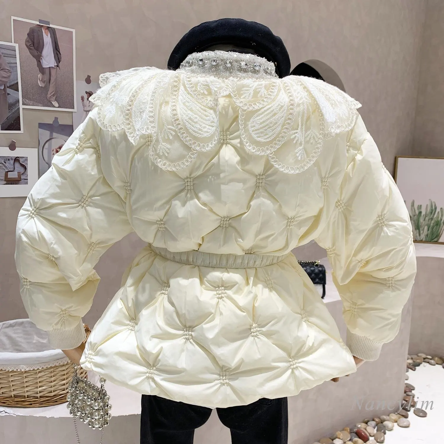 2022 Winter Parka Women New Heavy Industry Luxury Rhinestone Embroidered Lace Stitching Loose Cotton-Padded Coat Lady Overcoats