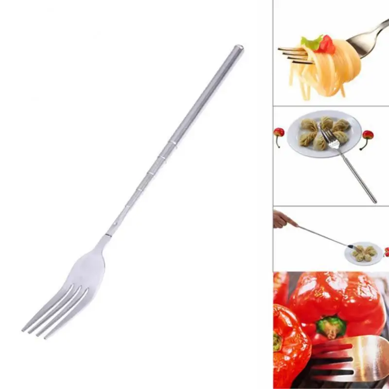 

Silver Dinner Fruit Dessert Telescopic Extendable Food Fork Fruit Tools Stainless Steel Kitchen Tool Kitchen Accessories