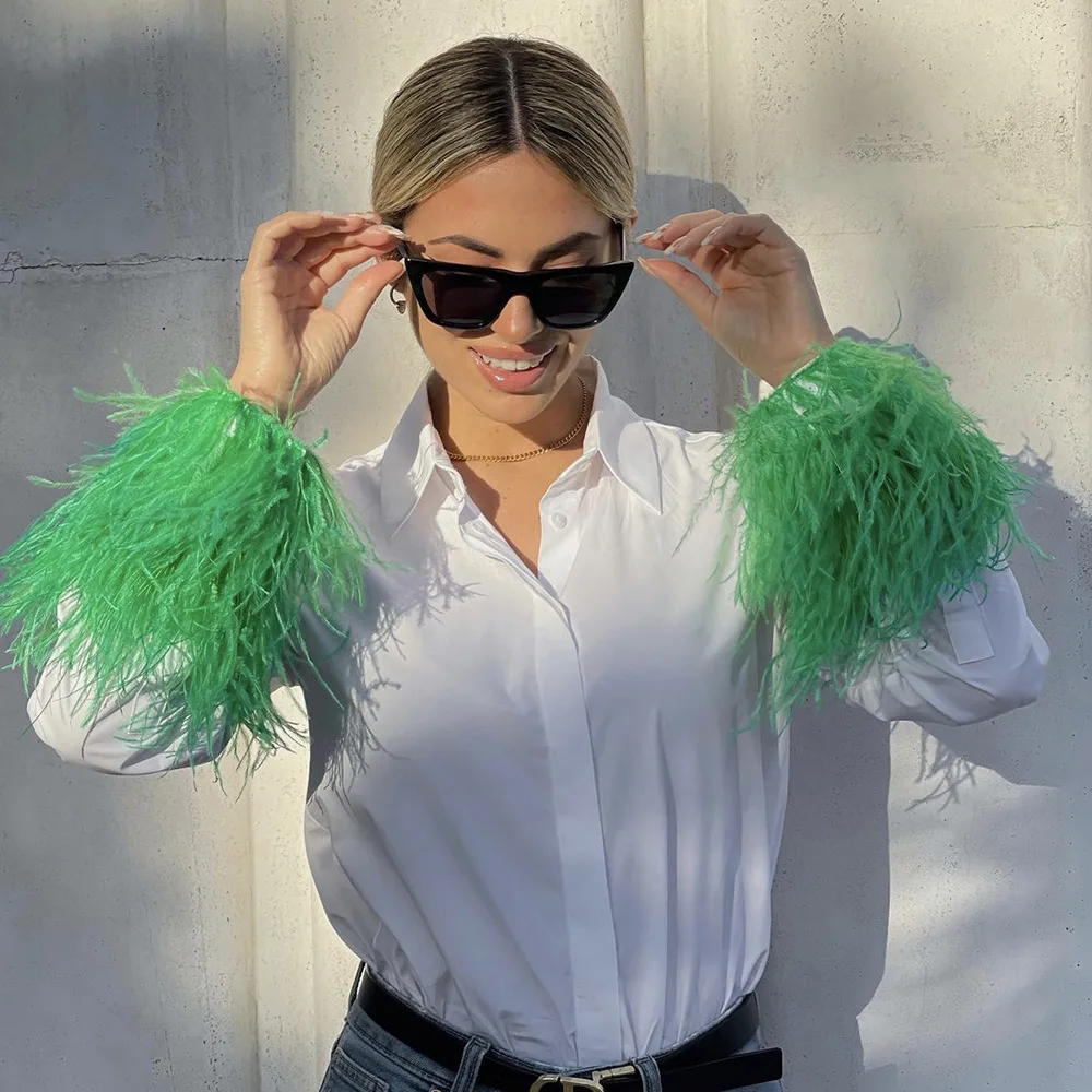 

SuperAen Spring 2022 New Style Spliced Cuff Feather Decorative Shirt Turn Down Collar Office Lady Coat Women