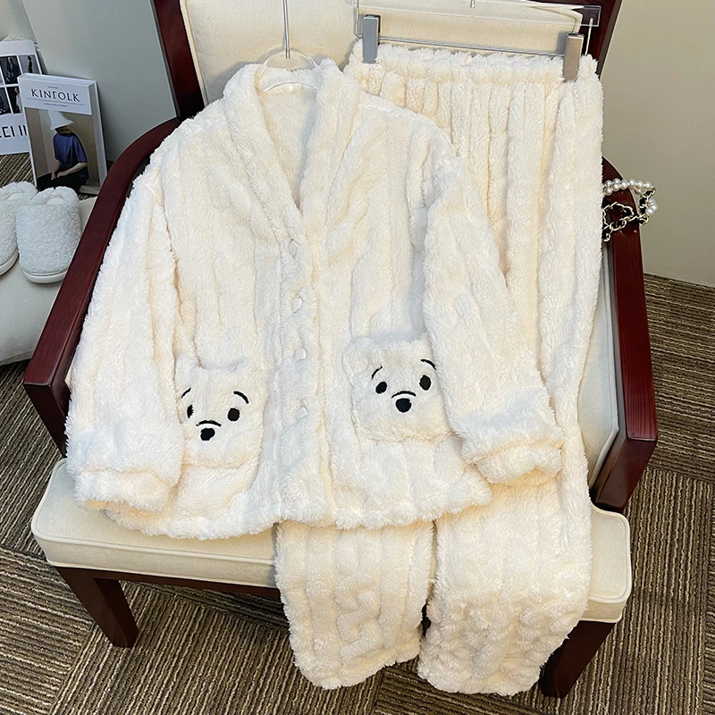 Coralline Winter Pajamas for Women Cartoon Plush Hooded Flannel Home Dress for Women Casual Loose Thermal Pajamas Set