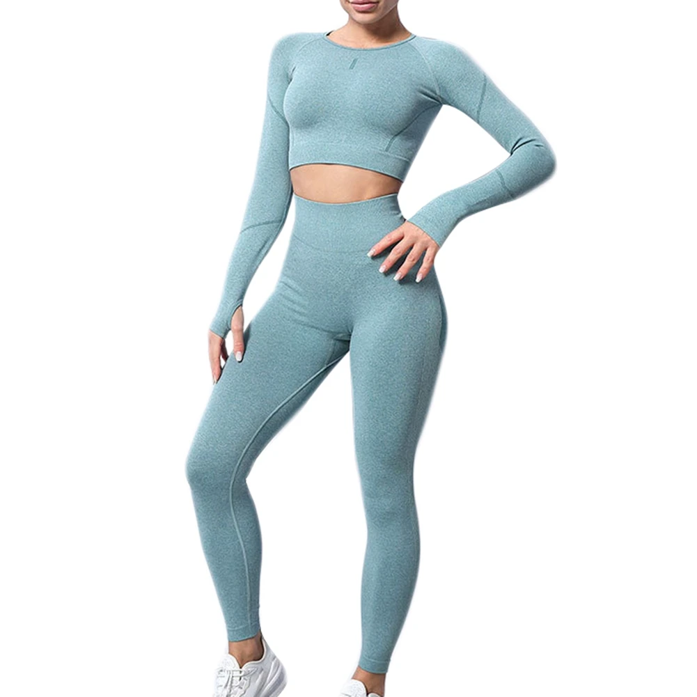 

Women's Yoga Wear High Waist Fitness Pants Women's Tight Long Sleeve Sports Suit Blue M