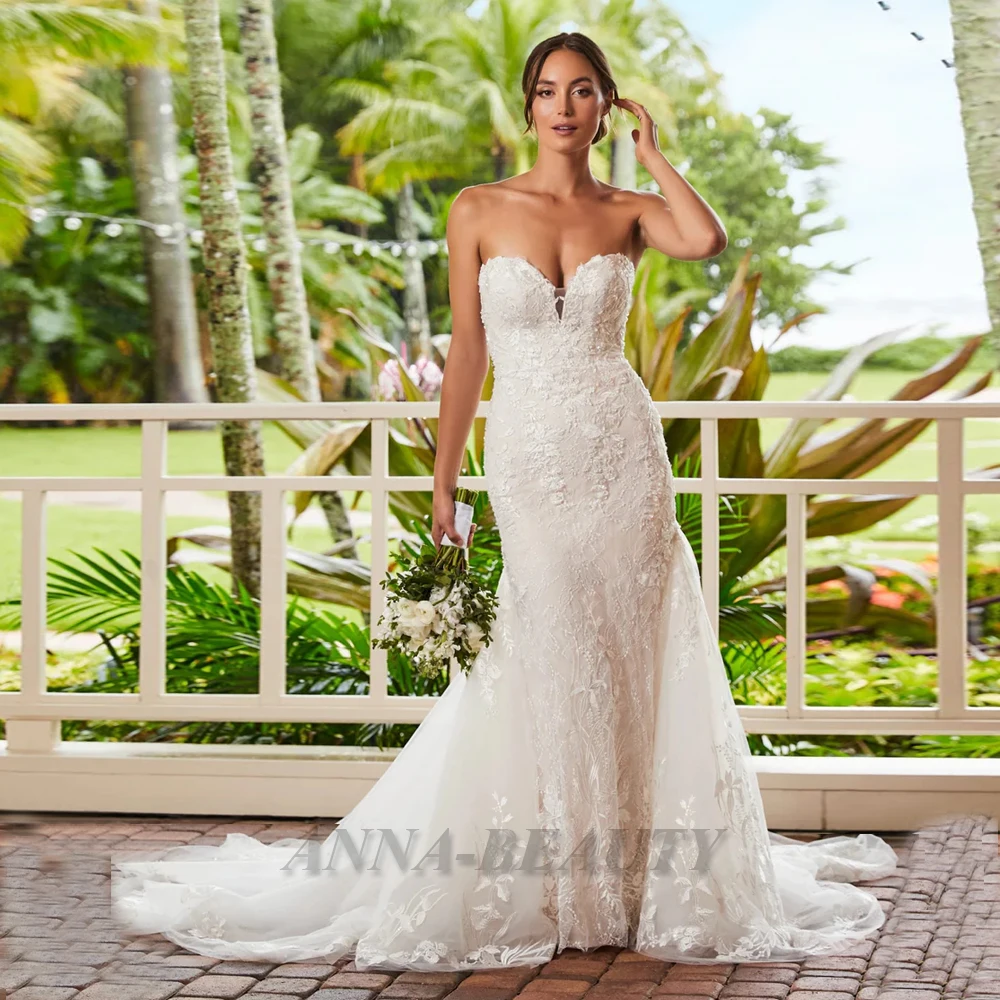 

Anna Glamorous Mermaid Wedding Dresses for Women Lace Appliques V-neckline Fancy Open Back with Button Vestido De Casamento