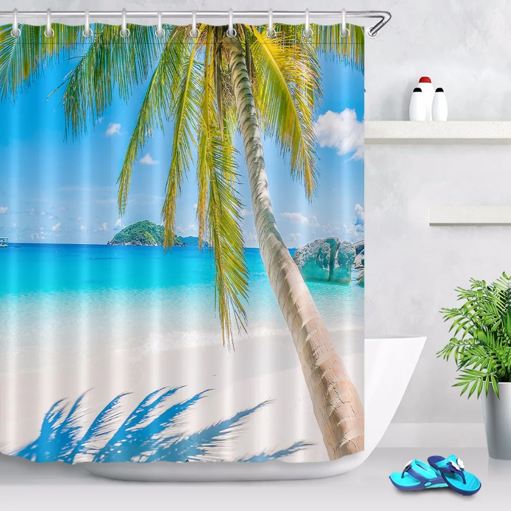 

Водонепроницаемая моющаяся Штора для душа, занавеска из полиэстера для пляжа и кокосового дерева, 72 дюйма, с изображением природного ландшафта, ванной комнаты