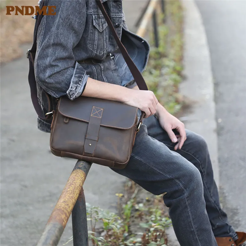 PNDME casual natural genuine leather men's messenger bag retro outdoor work travel crazy horse cowhide shoulder bag satchel