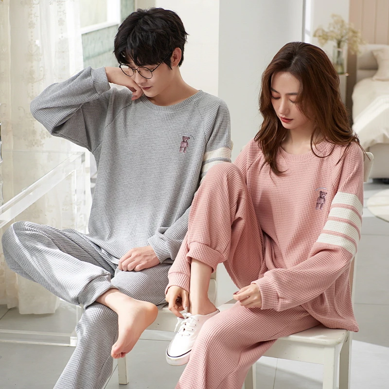 CAIYIER 2022 Autumn Winter Couple Pajamas Set Women & Men Nightwear Sweet Round Neck Long Sleeve Loungewear Lovers Sleepwear