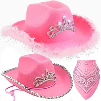 western style cowboy caps pink cowgirl hats with bandana women girl feather sequin decoration crown tiara fedora cap cosplay set