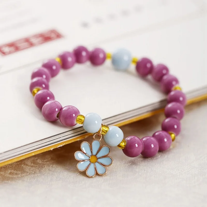 

2023 New Daisy Flowers Pendant Bracelets Korean Colorful Ceramics Beaded Bracelets For Women Handmade Elastic Rope Beads Jewelry