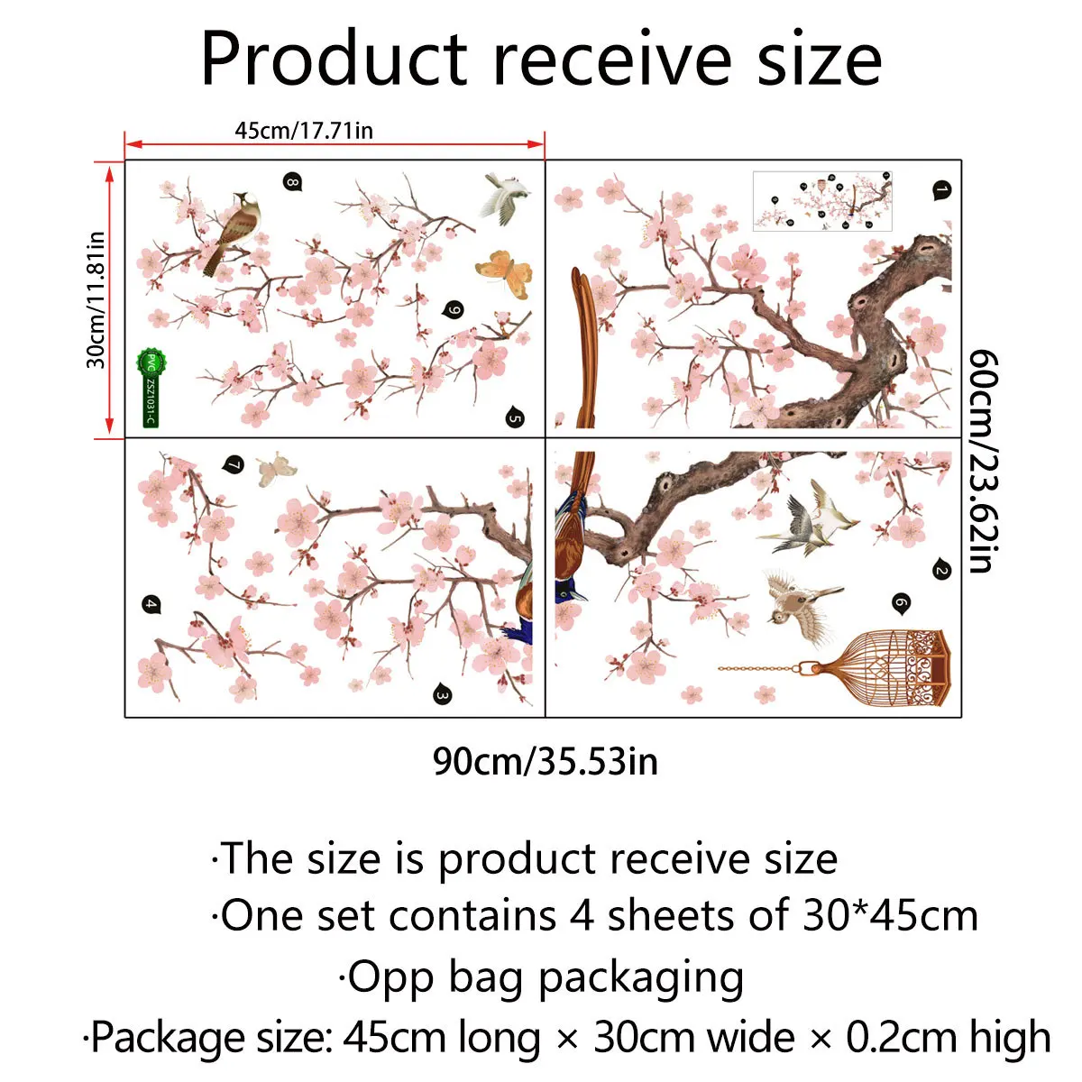 Наклейка на стену в китайском стиле с птицами персиковых цветах ветвями дерева