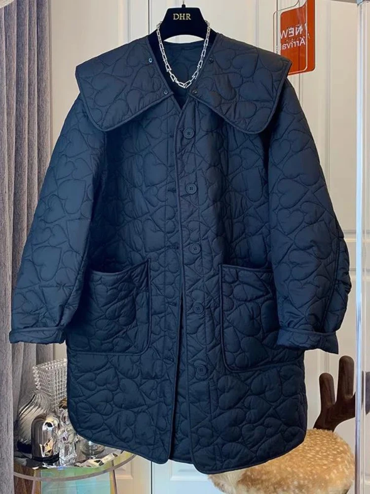 

French Style Large Lape Parkas Women Love Quilted Pockets Cotton Padded Loose Casual Mid-length Clothes Puffer Winter Jackets