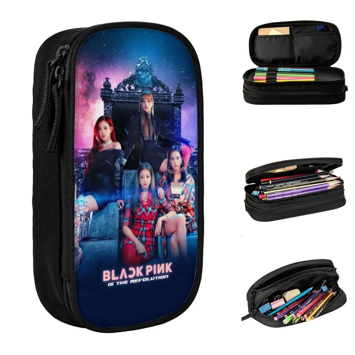 

Black Pink Korea Pencil Cases Fun Music Pen Bag for Student Large Storage Office Zipper Pencilcases
