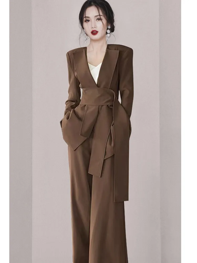 

Женский костюм SMTHMA, однотонный костюм с широкими штанами на весну и осень, комплект из двух предметов