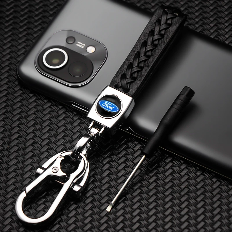 

Fashion Handmade Leather Rope Woven Keychain Metal Keyring Key Holder Gift For Ford Fiesta Focus Mondeo Auto Car Styling