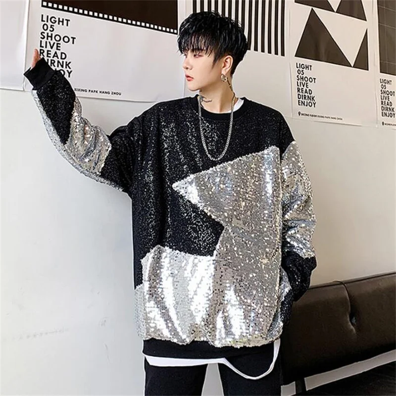 fashion shirt men shirt irregular splice Full sequin Drop Shoulder Bat Sleeve teenage korean shirt mens personality stage B459