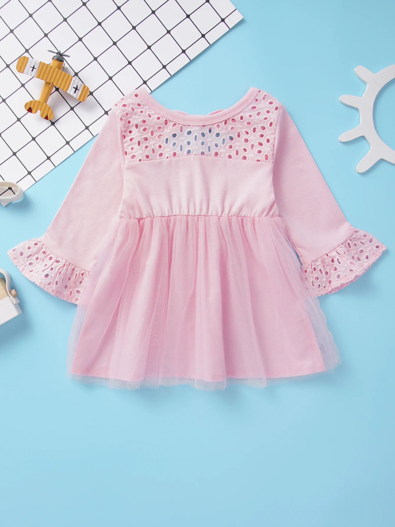 

Платье для маленьких девочек, Сетчатое розовое платье с круглым вырезом и длинным рукавом, хлопковое удобное платье из ткани