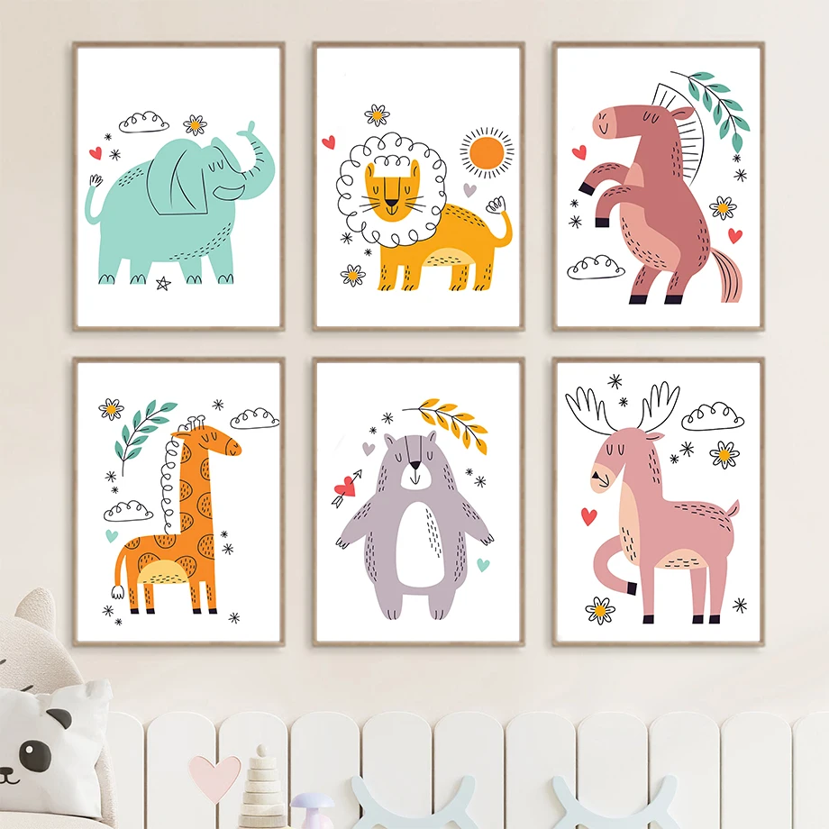 

Cartoon Lion Elephant Giraffe Bear Donkey Deer Nordic Posters And Prints Wall Art Canvas Painting Wall Pictures Kids Room Decor