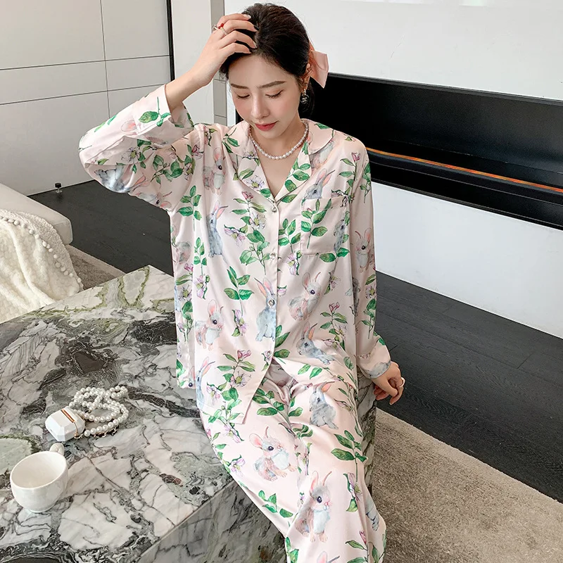 2023 Autumn Ice Silk Pajamas Women's Long-Sleeved Green Leaf Bunny Pajamas Suit High-Grade Internet Celebrity Homewear