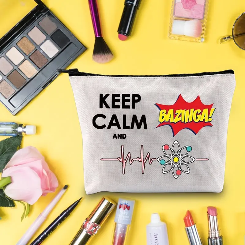 Big Bang TV Show Cosmetic Make Up Bag Bag Leonard and Sheldon Fans Inspired Gift Keep Calm and Bazinga Makeup Zipper Pouch Bag F