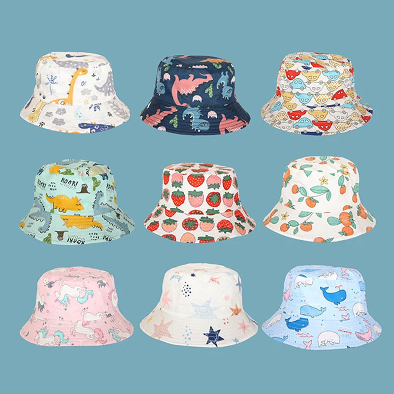 

Panama Summer Children Cotton Cartoon Bucket Hat For Boys Printing Dinosaur Baby Girls Sun Hat Flower Kids Bonnet