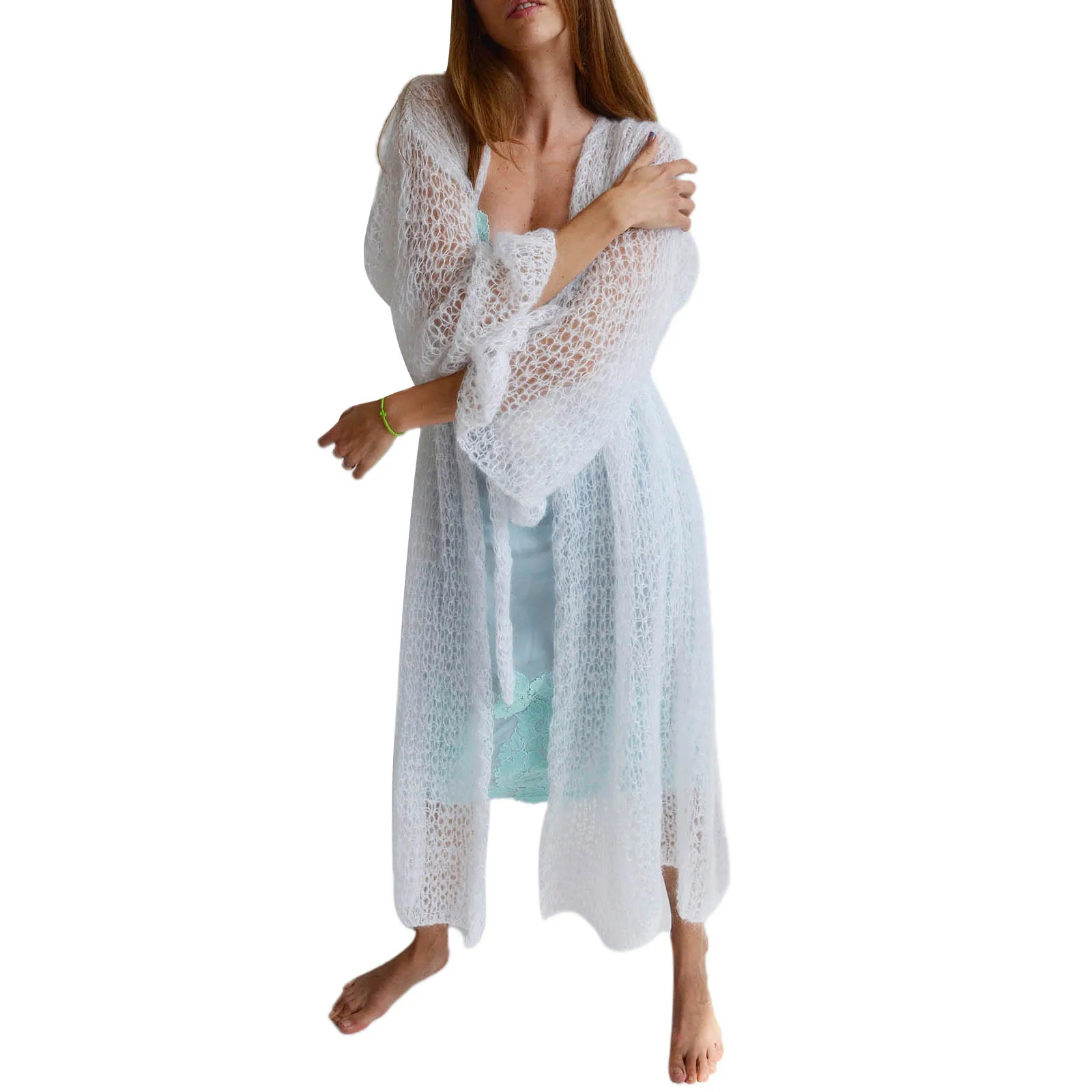 

Elegant Fashion Women’s Long Sleeve Knitted Cardigan Dress Solid Color Hollow Long Style Coat with Belt High Street Beachwear