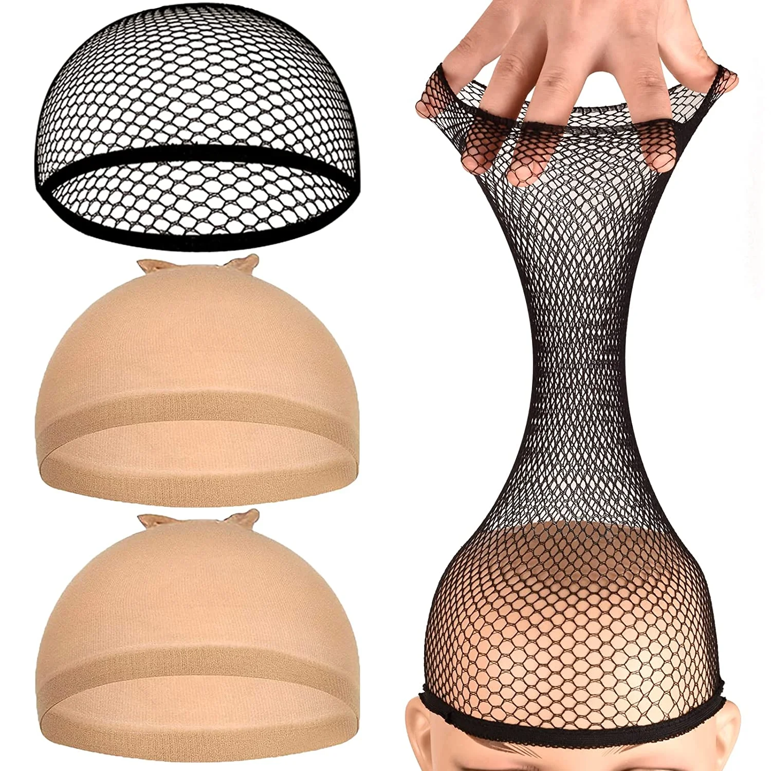 3pcs Elastic Stocking Wig Cap Stretchable Nylon Mesh Hair Net High Quality Open-end Fishnet for Men Women Long Hair Nude Black