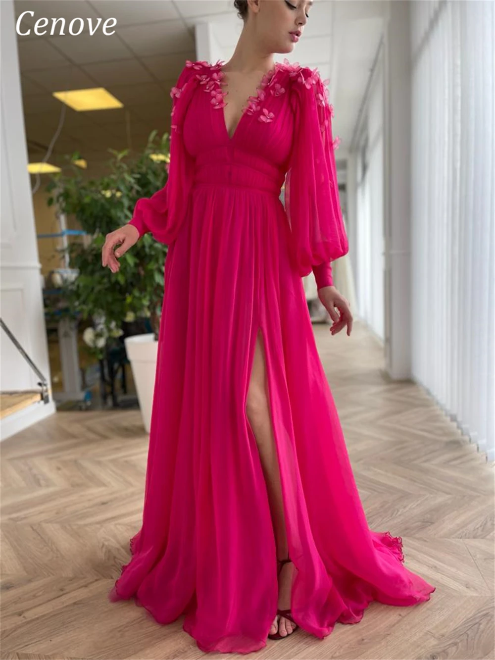 

Cenove Long Sleeves A-Line Embroidery Evening Gown Formal V-Neck Princess Prom Red New Party Dresses for Women 2023