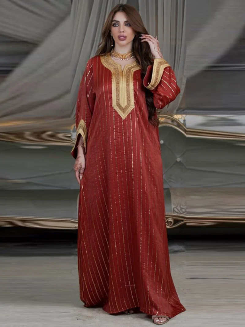 Moroccan Jalabiya Chic Striped Gold Stamping Arab Evening Dress Rhinestone Tape Trim O Neck Long Sleeve Kaftan Gulf Abayas Pink
