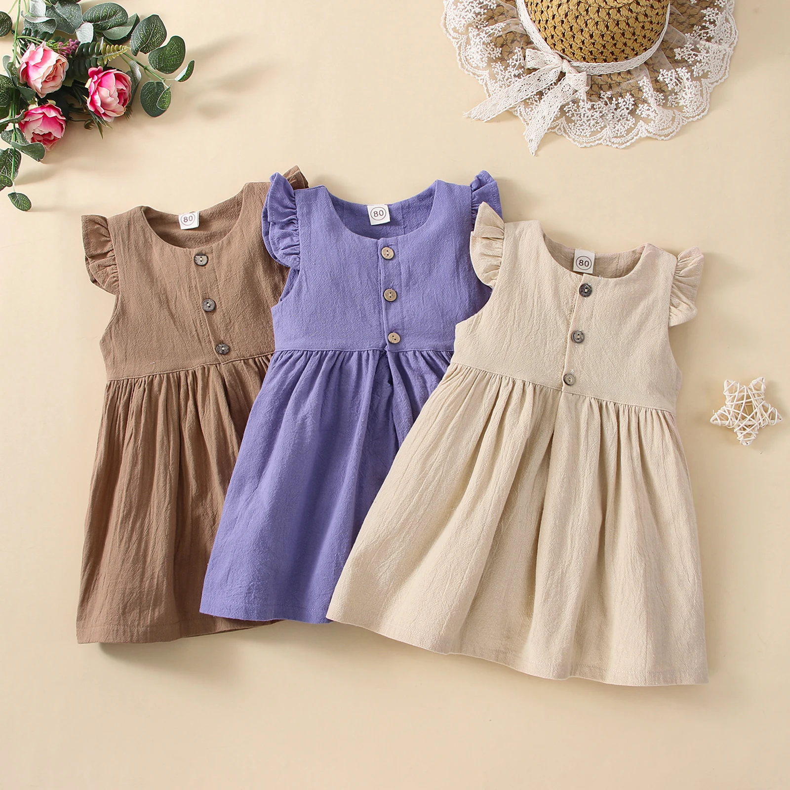 

Kids Toddler Baby Girls Dress Children Round Neck Fly Sleeve Solid Color Button High Waist Summer Cotton Casual Dresses